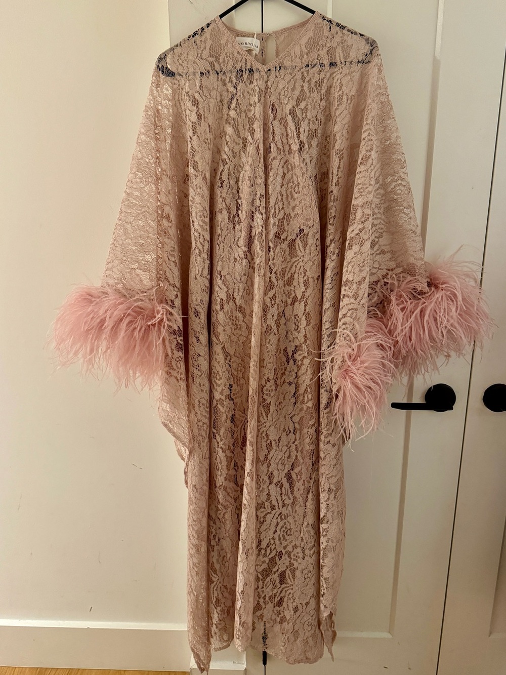 Women's Blush Lace Feather-Trim Duster Caftan - Bridal, Getting Ready